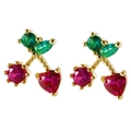 Cute cherry stud earrings with heart and round red crystals in gold finish - Heart/Round Red Gem Studs (A-482)