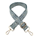 Close-up of geometric diamond pattern woven strap with gold metal hooks and adjustable buckle - Beige Sea Blue Triangle