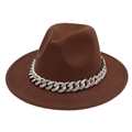 Deep brown fedora hat featuring a chunky silver Cuban chain with shimmering rhinestones - Coffee