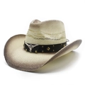 Straw western cowboy hat with gradient finish and bull head metal ornament - M(56-58cm) / Beige Gradient Bull Head Style (Decoration 2)