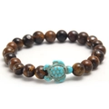 Elastic beaded bracelet with brown tiger eye stones and a turquoise turtle charm - Tiger Eye (NL04-7)