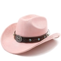 Pink suede western cowboy hat with brown leather band and silver star metal buckle detail - M (56-58cm) / Pink