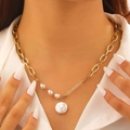 Gold thick chain necklace with mixed baroque pearls and round textured pendant - Gold Stitching Baroque Pearl