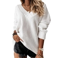 Women's V-neck chunky knit sweater in white featuring a loose fit and long sleeves - S / White