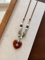 Vintage heart necklace with amber resin pendant and silver cross detail on beaded cord - Amber Heart Cross Flower Style (17#)