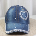 Casquette de baseball en jean bleu avec perles blanches, strass et décor de cœur latéral - No.38-Cœur Perle Clouté-Bleu