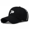 Distressed black cotton baseball cap featuring white P letter embroidery and side logo - Adjustable / Black