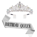 Silbernes Birthday Queen Set mit glitzernder Schärpe und Strass-Tiara für Mädchen - Einheitsgröße / AB Strass Krone + Silber Queen Schärpe