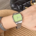 Silver steel strap watch with green octagonal dial and date display for women - Silver Case Green Dial
