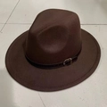 Dark brown wool fedora hat with a black leather band and gold metal buckle detail - Coffee