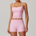Tweeledige lichtroze yogaset met slim-fit hemdje en sportshort met hoge taille - 8519 Vest + 8519 Shorts Kersenbloesemroze / S