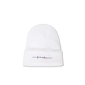 Close-up of white knitted beanie with black Freedom cursive embroidery and detailed texture - White