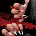 Uñas postizas stiletto largas con degradado rojo y puntas francesas estilo Halloween - JP3420 [Modelo con Pegamento]