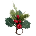 Christmas napkin ring with red berries, pine needles and green leaves on brown vine loop - CH-02/Berry Green Leaf Pine Needle Style
