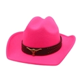 Hot pink western cowboy hat featuring a golden bull head emblem and studded leather band - One Size / Gold Bull Head Decorative Band / Rose Red