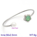 Silver open bangle featuring white shell pearl and light green flower crystal element - Silver Light Green Flower Style (KB123100-K)