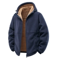 Navy blue fleece hooded jacket with warm brown faux fur lining and zip pockets - M / Tops / Dark Blue
