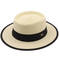 Elegante cappello di paglia boater crema con nastro nero e dettaglio lettera M - M (56-58cm) / Bianco Crema