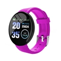 Detail of smart watch with purple textured silicone strap and round digital display interface - Purple