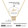Vista detallada de collar de acero 18K con colgante de cristal y etiquetas de medidas - Circón Blanco Completo (JDN0311133-WT)