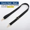 Close-up of black nylon shoulder strap with gold metal hooks and 75-140cm length text - 2.5cm Width - Light Gold Hook