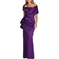 Elegant purple satin off-shoulder mermaid evening gown with side bow and waist pleats - US size 14 (XL) / Top And Bottom / Purple