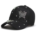 Women's black baseball cap with rhinestone butterfly design and sparkling stone accents - Black