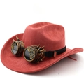 Detail of red faux suede cowboy hat featuring steampunk goggles with gear ornaments - M(56-58cm) / Brick Red