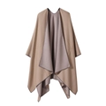 Reversible stripe poncho shawl in khaki and taupe soft wool blend fabric - TR Reversible Solid-Khaki