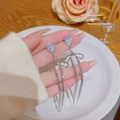 Elegant 925 silver needle drop earrings with bow design and long chain tassels - E0355 Silver Needle (Drop Bow Fine Tassel Silver)
