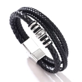 Multi-layer black braided PU leather bracelet for men with silver pattern beads and magnetic clasp - 19cm / Steel Color Black Leather