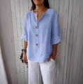 Top in lino azzurro da donna con scollo a V e bottoni in legno naturali - Azzurro Chiaro 3 Pulsanti 8055# / 3XL