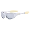 Futuristische silberne Sport-Sonnenbrille mit grauen Gläsern und goldenen Bügel-Akzenten - Silberner Rahmen Weiße Spiegelgläser