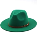 Close-up of emerald green wool fedora hat with brown leather strap and gold buckle - Grass Green