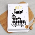 White Christmas kitchen towel with plaid truck, Christmas tree and Let It Snow text - Plaid Truck Snowman