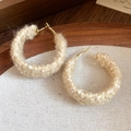 Detailed close-up of leopard pattern fabric hoop earrings with a plush texture and retro style - Beige Plush Woven Hoop (13# Silver Earring Post - White)