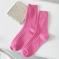 Roze geribbelde sokken voor dames met paars borduursel en trendy Koreaanse uitstraling - Eén maat / Rozerood