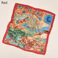 Artistic square silk scarf featuring Van Gogh Starry Night print with a red border - 70-218 Red
