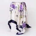 Detail of silk-textured square scarf with purple rose pattern and navy blue satin border - 90x90cm / Dark Purple (D9029)