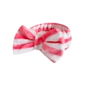 Pink and white striped coral fleece headband with oversized bow for face washing - Watermelon Red Stripes