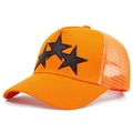 Bright orange trucker hat with black star patches and breathable mesh back for outdoors - Adjustable / Orange