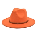 Detail view of the orange wool felt fedora hat featuring a brown braided leather band - M (56-58cm) / Orange