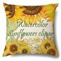 Artistic watercolor sunflower linen pillowcase with green script on a white background - 45x45cm Pillow Cover / Watercolor Sunflower Clipart-2 (21Y382-2)