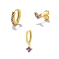 Gold plated stacking earring set with purple floral charms and zircon leaf studs - #95 Purple Zircon