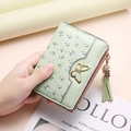 Short mint green floral wallet for women with golden butterfly and tassel zipper - Green