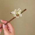 Detail of wooden hair stick with green faux jade flowers and white pearls for hanfu - Ancient Elegant (S394)