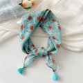 Floral print cotton-linen scarf with blue base and elegant tassels in a sweet pastoral style - Four-Leaf Line Blue (Fringe)