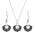 Silver shell jewelry set with black enamel and white pearl necklace and earrings - Necklace + Earrings Set / Silver Tone Black Shell