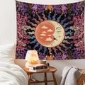Cozy bedroom setting showing a bohemian sun and moon tapestry hanging on a white wall - Gt429-7 / 73X95CM (Brushed Fabric)