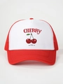 Dettaglio del cappellino trucker rosso e bianco con ciliegia e retro in rete traspirante - Taglia unica / Bianco e Rosso